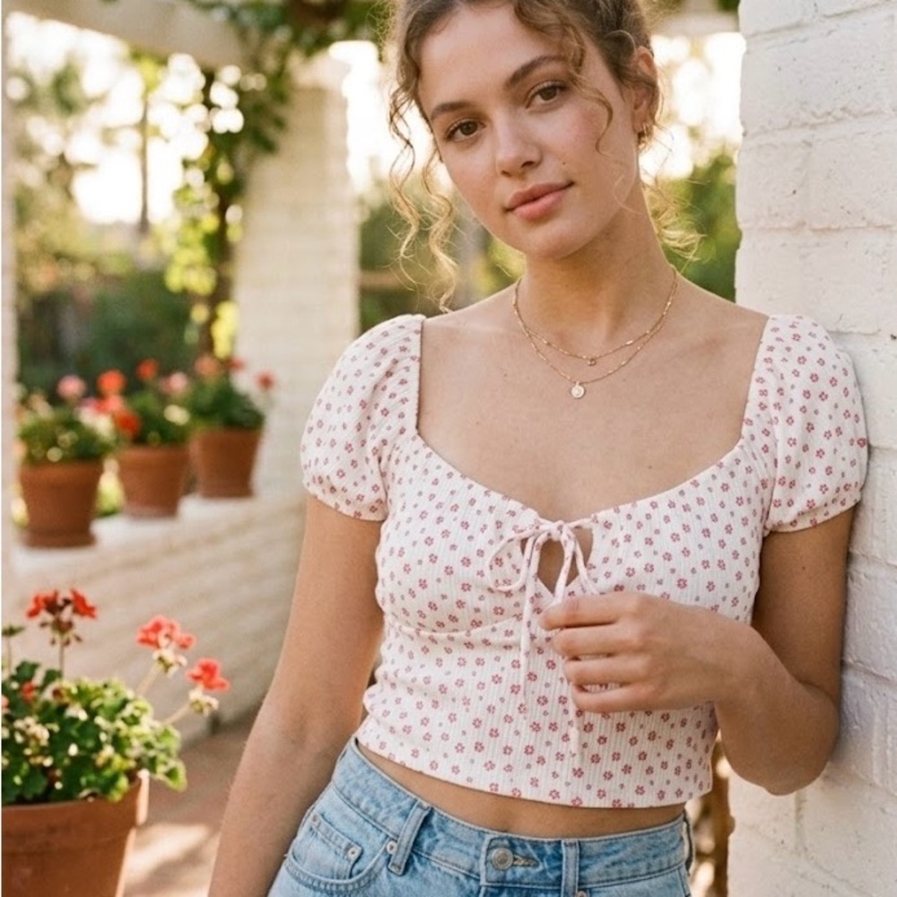 Boho Cottagecore Floral Ribbed Puff Sleeve Crop Top
